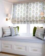 Pretty Green Blue Roman Shade blue olive green fabric roman shade floral block print mughal silk road asian fan window kitchen sink shade