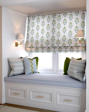 Pretty Green Blue Roman Shade blue olive green fabric roman shade floral block print mughal silk road asian fan window kitchen sink shade