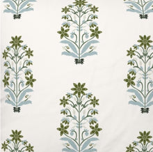 Pretty Green Blue Roman Shade blue olive green fabric roman shade floral block print mughal silk road asian fan window kitchen sink shade