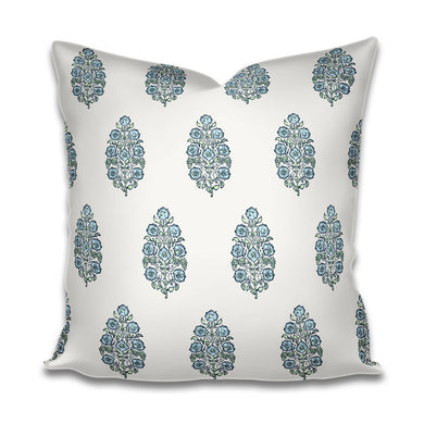 Designer Indigo Indian Mughal Mudghal Flower Indian Linen India Thistle Flower Lumbar Long Light Blue Pale Green Block Print Fine Textiles