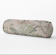 Floral Pheasant pillow blue on flax bolster pillow Long lumbar pillow miles talbott pillow thibaut bolster pillow lumbar bed neck roll