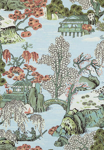 Blue Green Curtains Thibaut Curtains Large Floral curtains Asian Scenic thibaut drapes drapery extra long custom size extra wide oriental