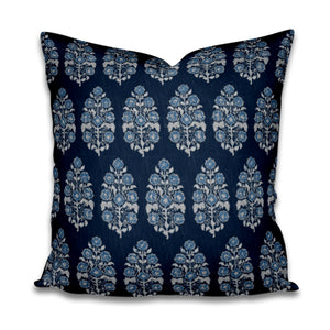 QUICK SHIP Designer Indigo Indian Mughal Mudghal Flower Indian Linen India Thistle Flower Navy Tansy Block Print Fine Textiles Kashmir Kime