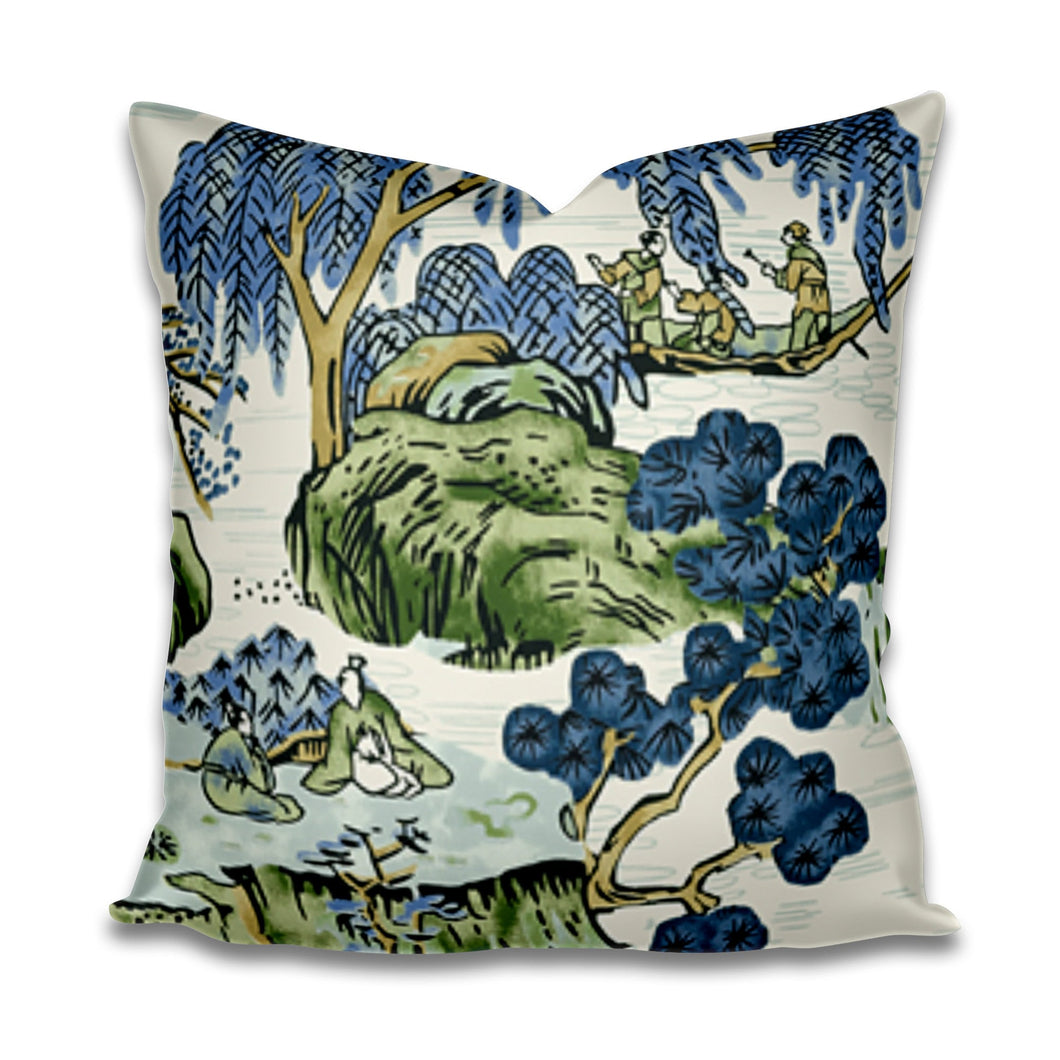 IMMEDIATE SHIP Thibaut Asian Scenic Blue Green Pillows green blue white pillow cover thibaut pillow green oriental Asia Scenic asian scene