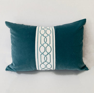 QUICK SHIP Greek Key trimmed pillow 14x20 lumbar Samuel and Sons wide trim pillow embroidered trim white cerulean blue green velvet pillow