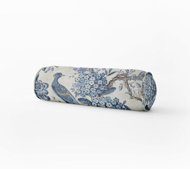 Floral Pheasant pillow blue on flax bolster pillow Long lumbar pillow miles talbott pillow thibaut bolster pillow lumbar bed neck roll