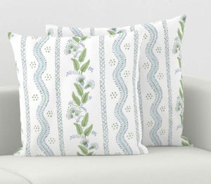 Floral Stripe Pillow Blue Green Flower block print pillow Flower Lumbar Long Dolly Block Print Fine Textiles lettuce green pale blue dots