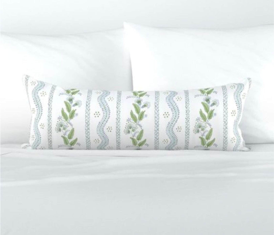 Floral Stripe Pillow Blue Green Flower block print pillow Flower Lumbar Long Dolly Block Print Fine Textiles lettuce green pale blue dots