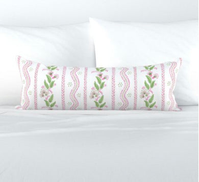 Floral Stripe Pillow Pink Green Flower block print pillow Flower Lumbar Long Dolly Block Print Fine Textiles lettuce green pale blue dots