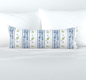 Floral Stripe Pillow Blue Green Flower block print pillow Flower Lumbar Long Dolly Block Print Fine Textiles lettuce green blue dots