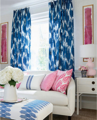 Navy White Curtains Living room statement curtains pop of color Thibaut Maverick drapery panels bold blue and white ikat curtains custom