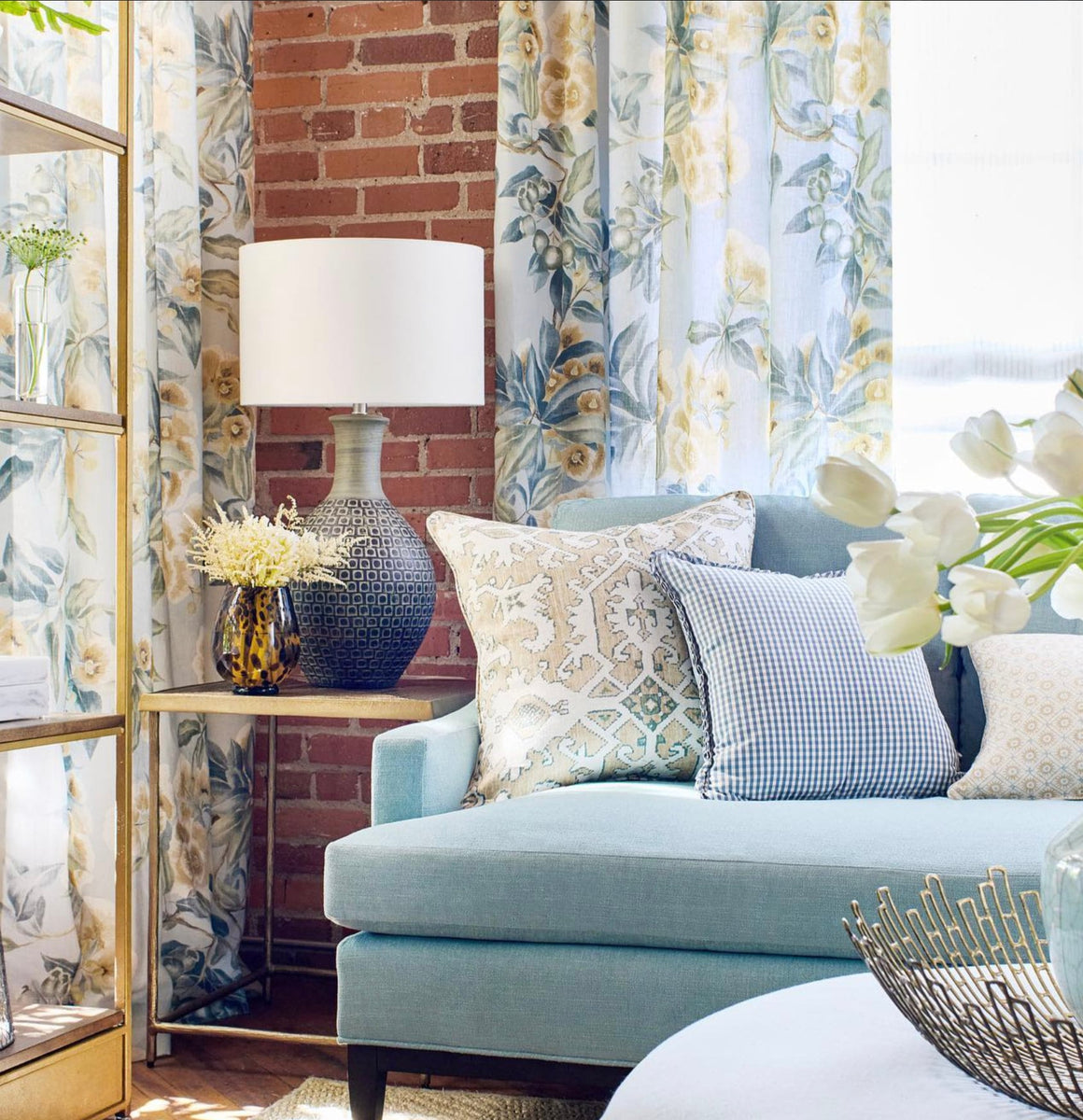 Soft Blue Gold Floral Curtains Thibaut Living room statement curtains ...