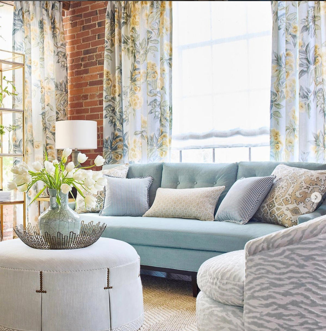 Soft Blue Gold Floral Curtains Thibaut Living room statement curtains pop of color Camellia Garden drapery panels blue yellow green drapes