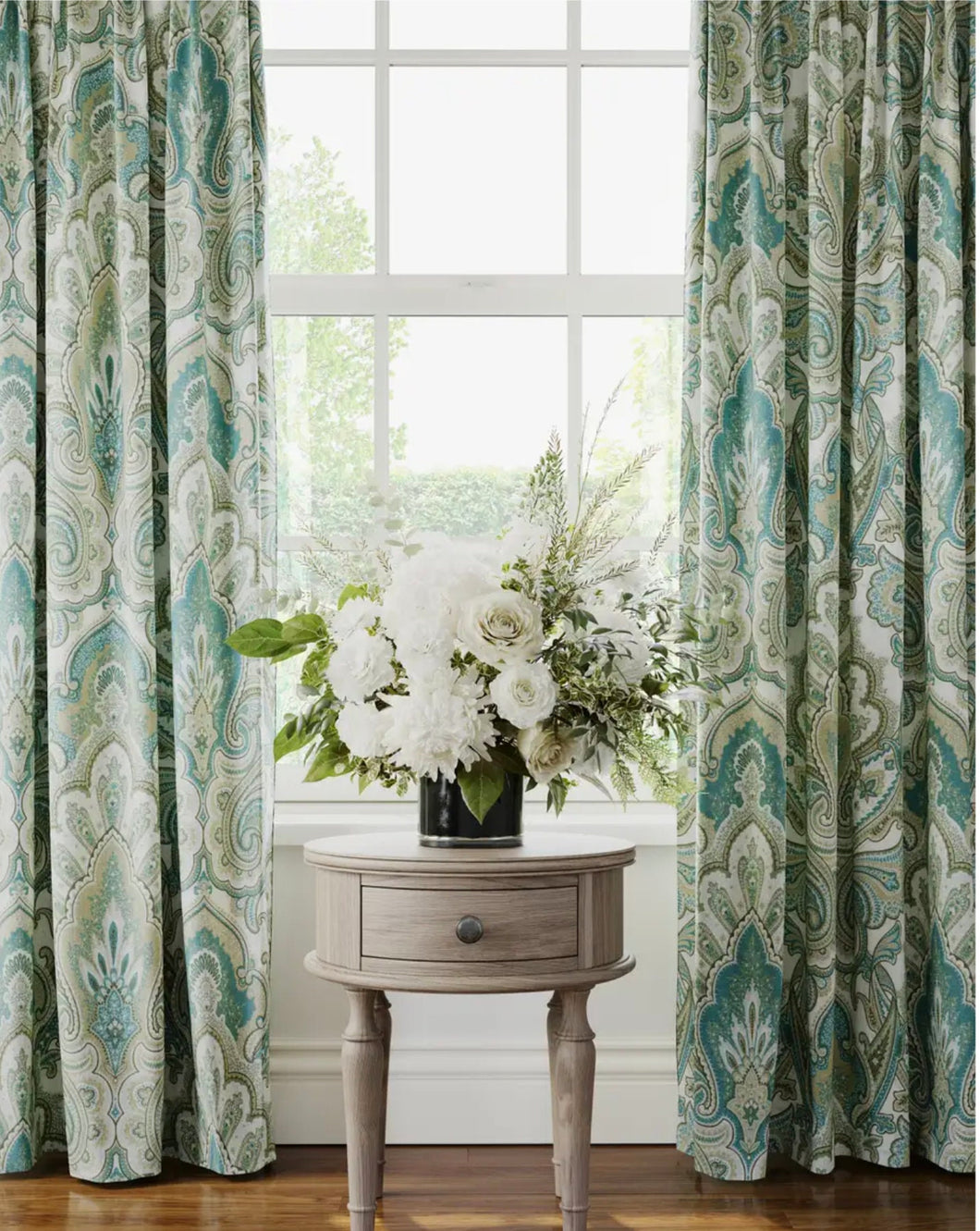 Aqua beige dammask curtain large printneutral curtain panels transitional drapes versatile curtains floral fan gold light green