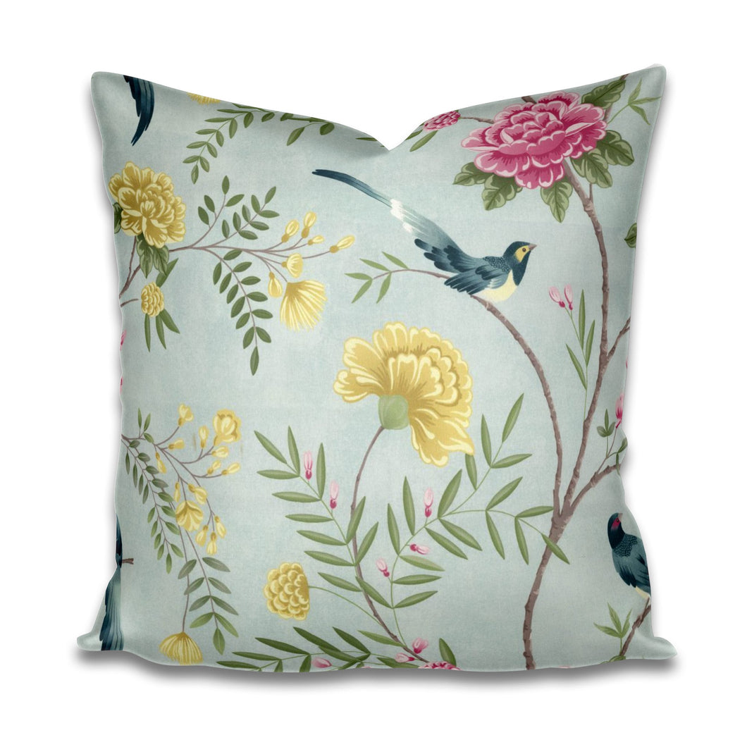 Robins Egg Blue Pillow Blue Green Pink Botanical Pillow navy pink pillow aqua chinoiserie pillow bird garden pillow floral vine sky lilac