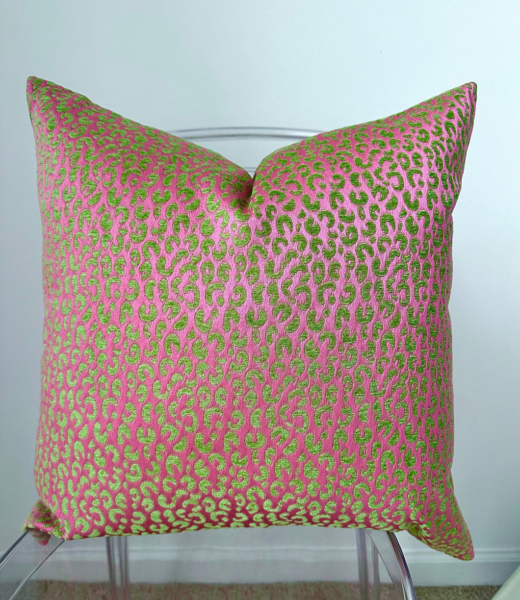 Pink and green Leopard chenille pillow cheetah print velvet cut accent pillow kendrick velvet pink gigi coral