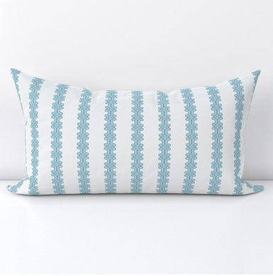 Windsor Sky stripe pillow block print blue and white linen cotton british floral UK pillow blue striped block print green blue pillow