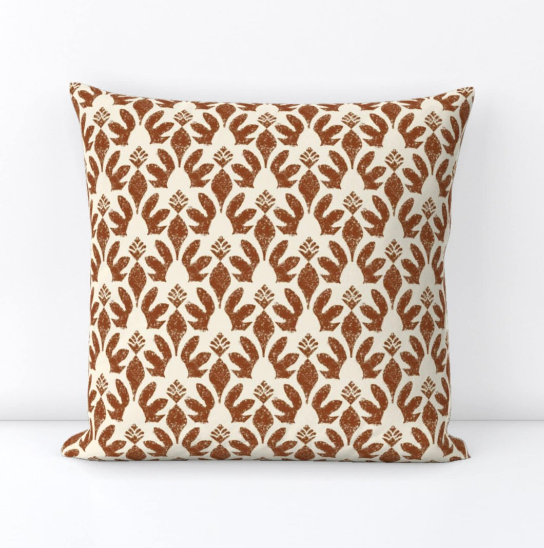 Kujani Pillow in Tobacco Rust block print on offwhite linen cotton rust colored pillow brick brown and ivory pillow exotic block print