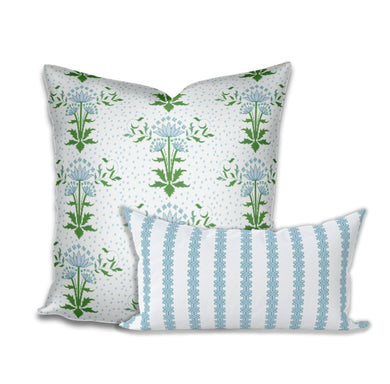 Windsor Cottage floral block print blue green white linen cotton british floral UK pillow mughal dandelion block print green blue pillow