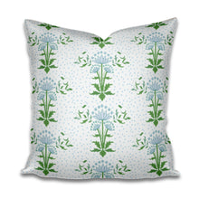 Windsor Cottage floral block print blue green white linen cotton british floral UK pillow mughal dandelion block print green blue pillow