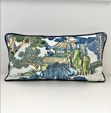 IMMEDIATE SHIP ASIAN Scenic pillow blue green pillows 12x24 Thibaut asian scenic pillows asian garden pillow asian scene pillow asian scenic