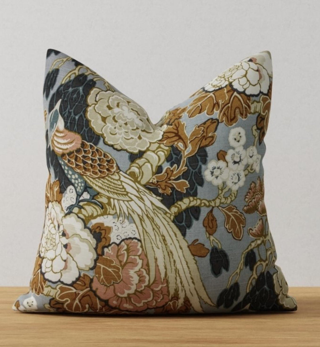 Pheasant Pillow cover pheasant print brown blue fabric bird pillow cover pillow with pheasants on it bird floral beige tan blue gold grey
