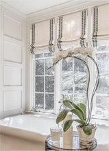 Roman shades with side embellishment shades trimmed roman shades kitchen window shades linen roman shade bathroom ivory blue grey navy