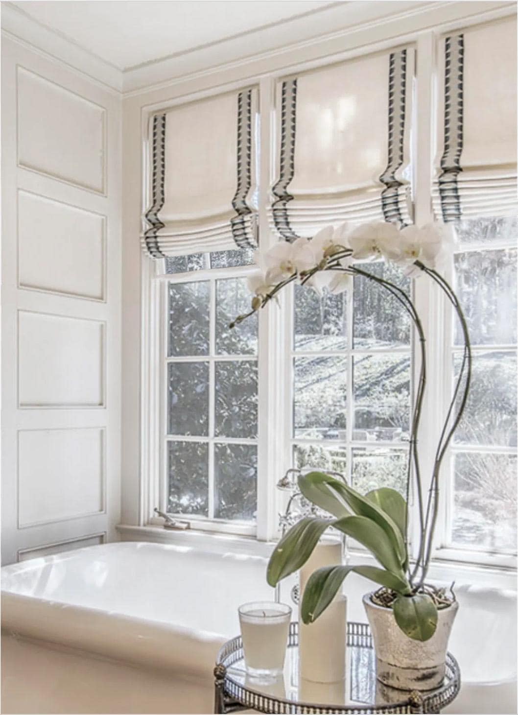 Roman shades with side embellishment shades trimmed roman shades kitchen window shades linen roman shade bathroom ivory blue grey navy