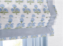 Pretty Blue Roman Shade blue green fabric roman shade floral block print silk road asian fan green and blue window shade kitchen sink shade