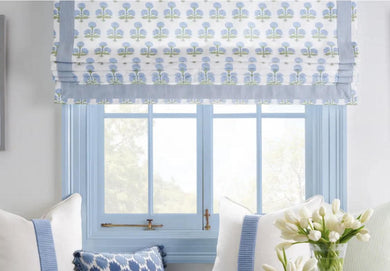 Pretty Blue Roman Shade blue green fabric roman shade floral block print silk road asian fan green and blue window shade kitchen sink shade