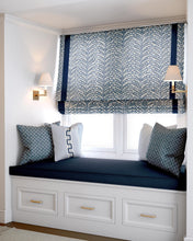 Pretty Navy Roman Shade navy blue vine fabric roman shade floral block print silk road asian fan dark blue window shade kitchen sink shade