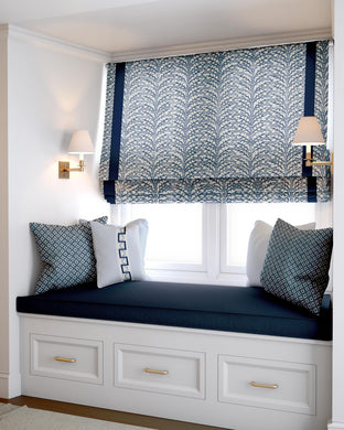 Pretty Navy Roman Shade navy blue vine fabric roman shade floral block print silk road asian fan dark blue window shade kitchen sink shade