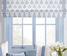 Pretty Blue Roman Shade blue green fabric roman shade floral block print silk road asian fan green and blue window shade kitchen sink shade
