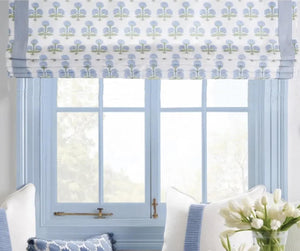 Pretty Blue Roman Shade blue green fabric roman shade floral block print silk road asian fan green and blue window shade kitchen sink shade