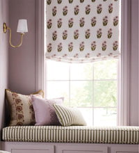 Pretty Lilac Pink Roman Shade pink green fabric roman shade floral block print silk road asian fan lilac window shade kitchen sink shade