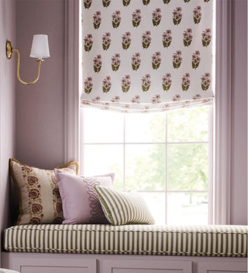 Pretty Lilac Pink Roman Shade pink green fabric roman shade floral block print silk road asian fan lilac window shade kitchen sink shade