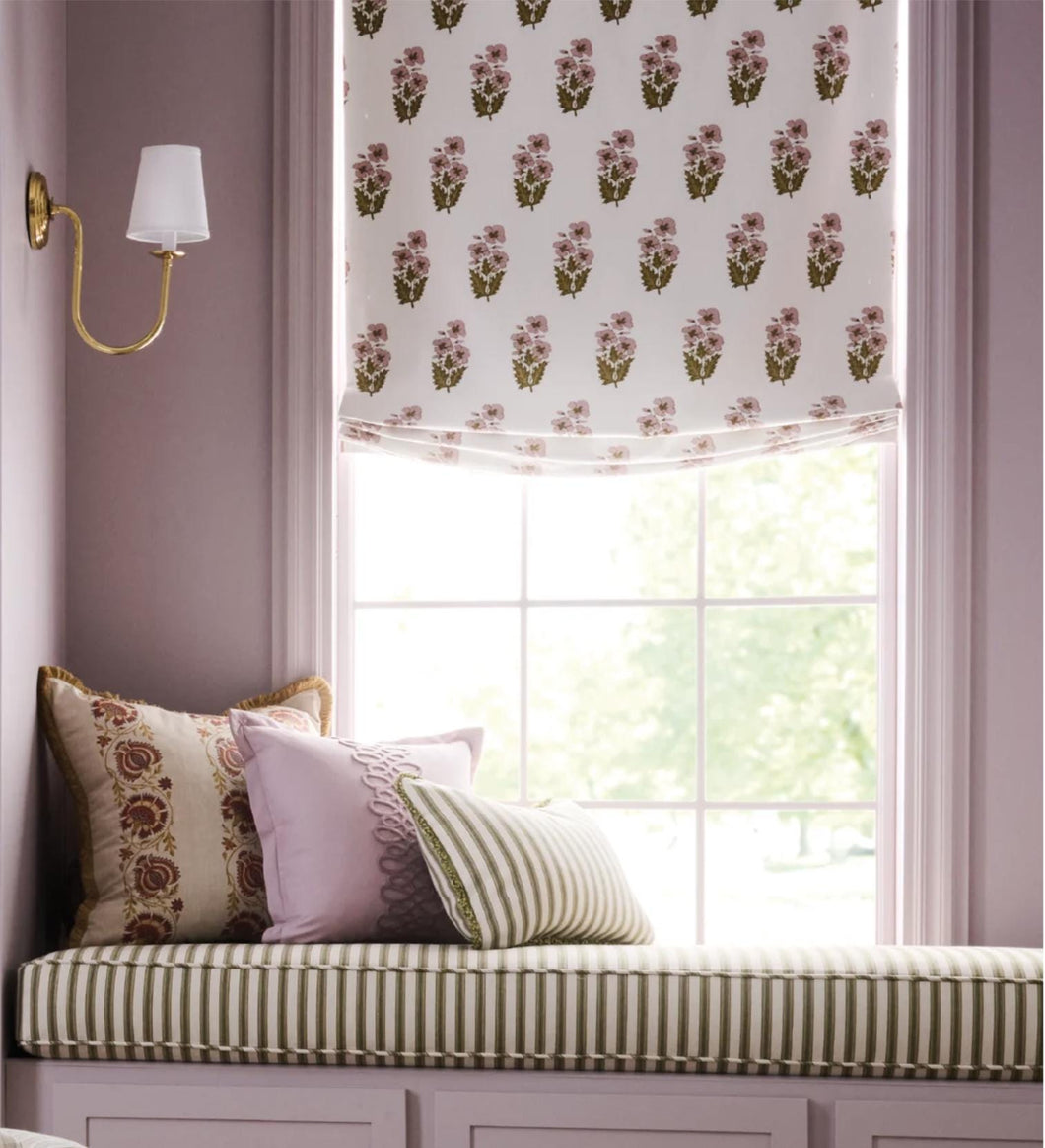 Pretty Lilac Pink Roman Shade pink green fabric roman shade floral block print silk road asian fan lilac window shade kitchen sink shade