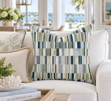 Cut velvet Spa green and blue pillow aqua green grey navy print velvet cut accent pillow aqua blue tan luxurious thick trinka pillow soft