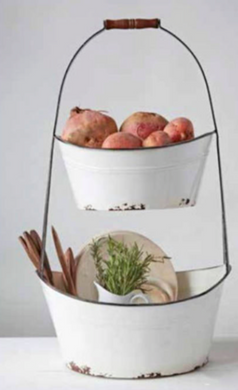 Modern farmhouse tray two tier enamel tray dessert bucket tray vintage cottage chic french tray fruit tray white 12