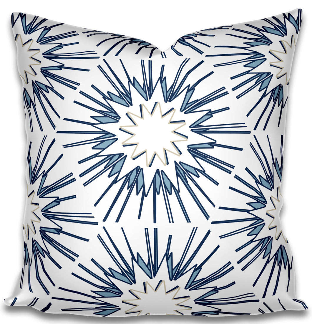 Designer Outdoor pillow cover, throw pillow Patio Porch cushion cover indoor outdoor use blues, white, cream tan starburst modern