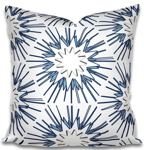 Designer Blue Navy Cream Starburst Cotton or Linen Throw Pillow Accent Pillow "Caneel Bay" Geometric Pattern Lumbar Long