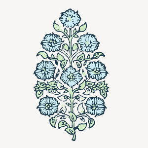 Designer Indigo Indian Mughal Mudghal Flower Indian Linen India Thistle Flower Lumbar Long Light Blue Pale Green Block Print Fine Textiles