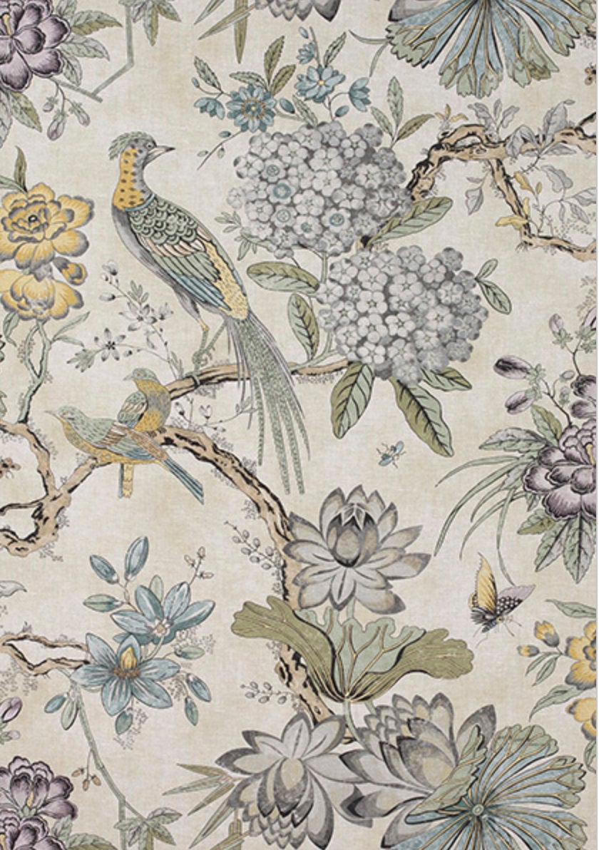Jacobean curtains THIBAUT curtains custom curtain panels yellow gray curtains grey yellow curtains traditional curtains peacock floral