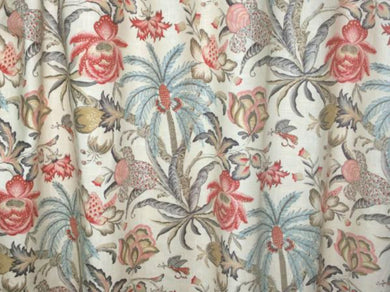 Jacobean curtains aqua coral rose pink ivory pink aqua floral dining room drapes curtain panels long wide curtains palm tree curtains linen