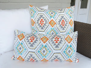 SALE Outdoor ikat pillow aqua gray orange outdoor pillow southwest pillow outdoor porch swing pillow arizona pillow outdoor fabric aztec
