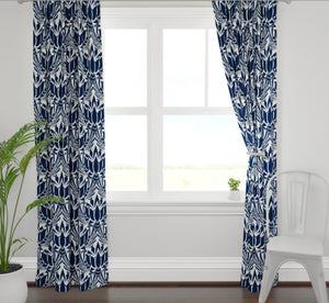 Lotus print curtains navy curtains dining room curtains navy living room curtains navy lotus fabric blue lotus fabric dining room drapes