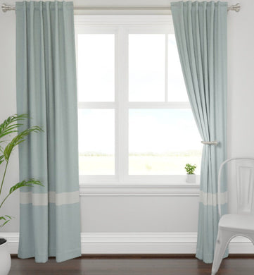 Pale aqua blue curtains with ivory white bottom stripe curtains color block drapes color block curtains seafoam green curtains soft blue