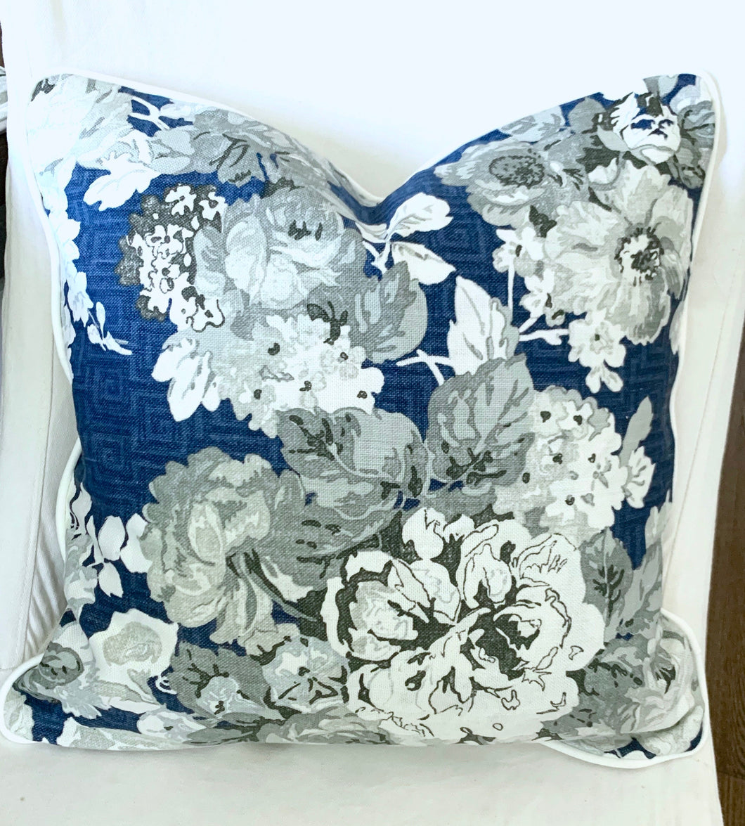 SALE Thibaut Wild Floral navy pillows 20x20 white welt piping Only two left honshu pillow cover large floral pillow navy blue cream grey