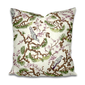 Trellis print pillow chinoiserie pillow green amethyst fern pillow bird pillow with birds lavender green cream asian chinoiserie pillow