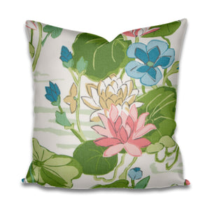 Pink Green Blue Pillow cover asian scene fabric water lily pillow cover pillow with pink aqua green chartreuse pink blue pillow lily pad